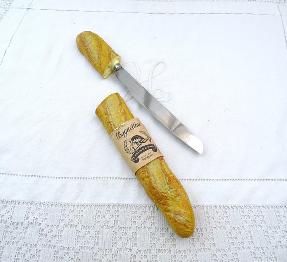 Vintage French Novelty Bread Knife Shaped as a Baguette with Stainless Steel Blade, Retro Fun Fake Flute Bun Carving Knife from France