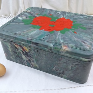 Könnte beinhalten: Eine grüne und weiße marmorierte Plastikbox mit einem roten Rosenmuster auf dem Deckel. Die Box hat ein kleines Schlüsselloch an der Vorderseite.