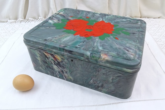 Large Vintage French Marbled Bakelite Rectangular Box Regibana with Red Rose Pattern on Lid, Promotional Mottled Plastic Container France