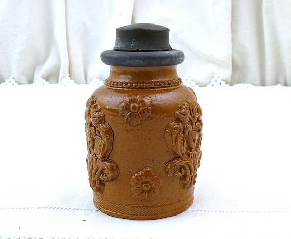 Antique French Gres de Beauvais Salt Glazed Stoneware Pottery Tabaco Pot with Pewter Lid, Vintage Brown Ceramic Jar with Flower Pattern