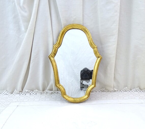 Small French Vintage Mid Century Gold Gilt Famed Wall Mirror, Retro 1960s Gilded Wooden Frame with Mirror, Chateau Chic Decor from France