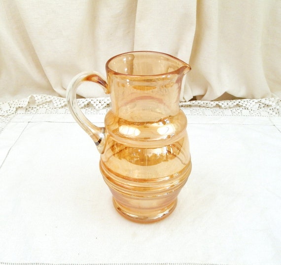 Vintage Golden Carnival Blown Glass Lemonade Pitcher, Retro Hand Made Glass Jug with Shiny, Metallic, Iridescent Surface Shimmer from Frnce