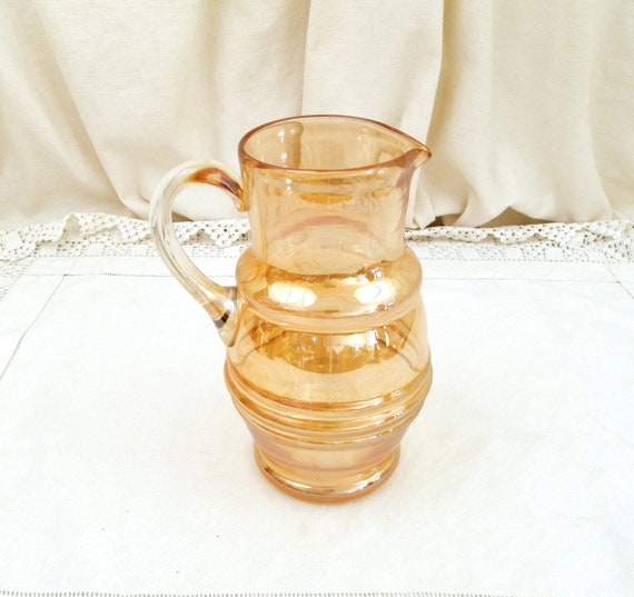 Vintage Handblown Glass Water Pitcher with White Flowers circa