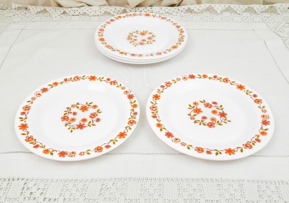 2 Matching Vintage French White Milk Glass Arc by Arcopal Retro Mid Century 1970s Dessert Plates with Orange Flower Pattern from France