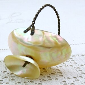 May include: A small, oval-shaped, iridescent mother-of-pearl bowl with a twisted wire handle. The bowl is on a white surface.