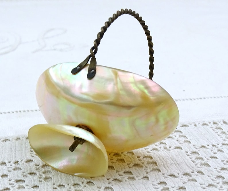 May include: A small, oval-shaped, iridescent mother-of-pearl bowl with a twisted wire handle. The bowl is on a white surface.