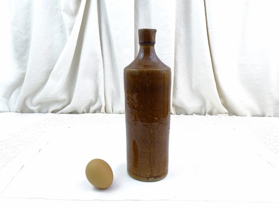 Large Antique French Brown Salt Glaze Ink Bottle, Retro Country Farmhouse Pottery Vase from France, Flea Market Brocante Decor