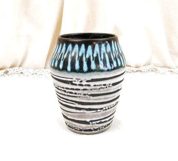 Vintage Mid Century Hand Decorated Pottery Vase in Black Glaze with Pale Blue and White Slip, Retro 1960s West German European Ceramics