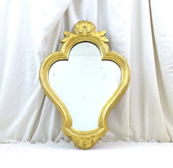 Vintage French Ornate Rocco Baroque Style Gilt Wooden Framed Wall Mirror, Retro Gold Decorative Distressed Mirror from France, Chateau Decor