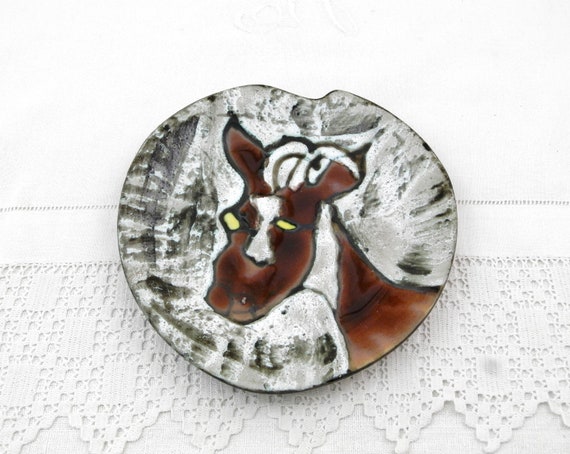 Vintage French Mid Century 1960s Hand Painted Goat Wall Hanging Pottery Plate Emaux Neige du Cyclope Annecy, 60s Artisan Lava Glaze France