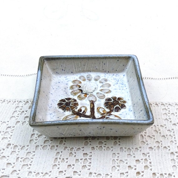 Vintage Takahashi Japanese Ceramic Pottery Square Trinket Dish with Stylized Flower Pattern, Retro San Francisco Imported China Ashtray