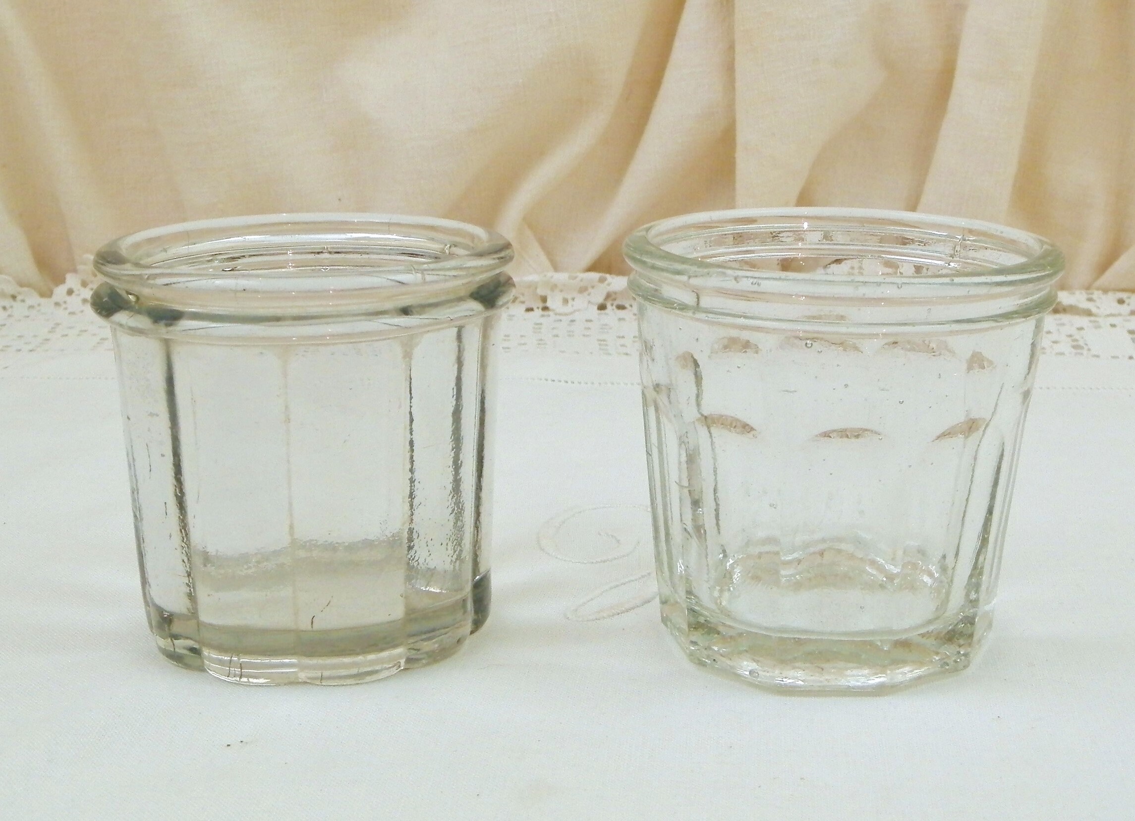 2 Antique French Thick Clear Glass Jam Jars, Vintage Jelly Pots from France, Retro Country