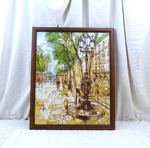 Vintage French Mid Century Framed Bernard Dufour Oleograph Oil Print of Street Scene with Fountain, Retro 1960s Wall Art France Oleo graph