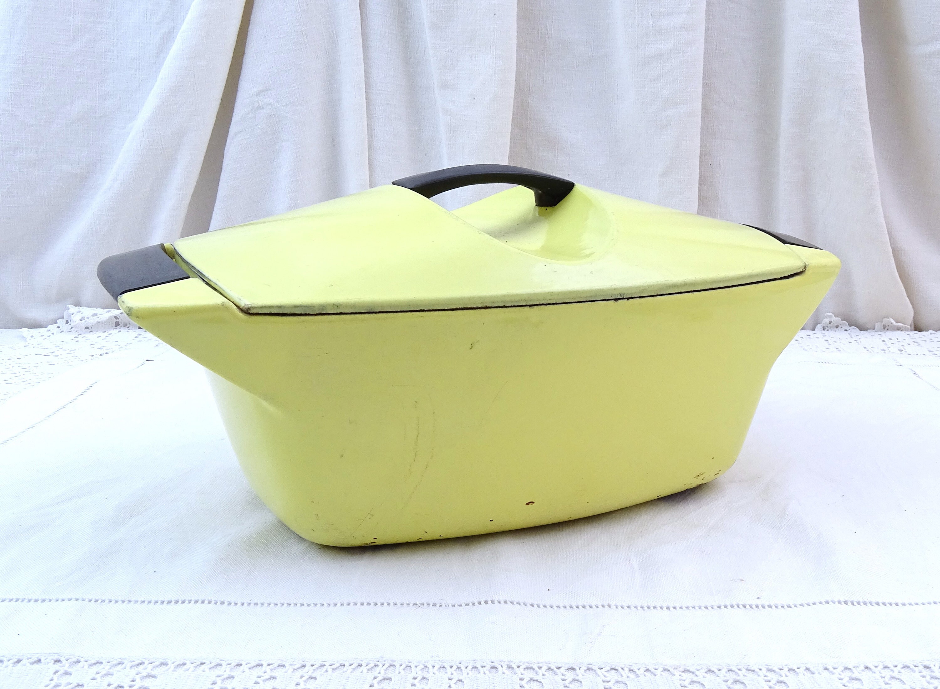 Vintage Mid Century Modern Yellow Enamelware Le Creuset Saute Pans