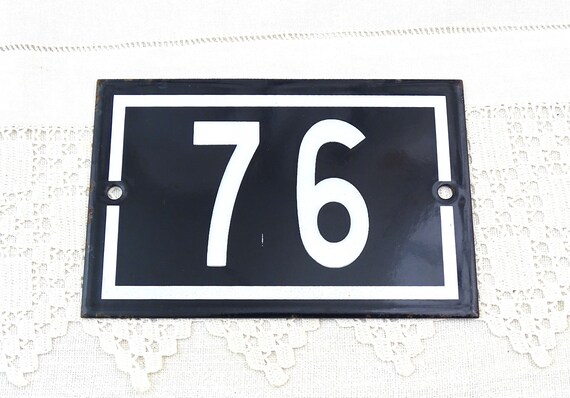 Vintage French Porcelain Enameled Metal House Sign in Blue and White Number 76, Enamel Street Home from France, Traditional Address Sign