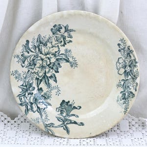 French Antique Terre de Fer Plate with Irises Flower Teal Pattern  French Blue White Floral Transferware Ironstone Botanical Border