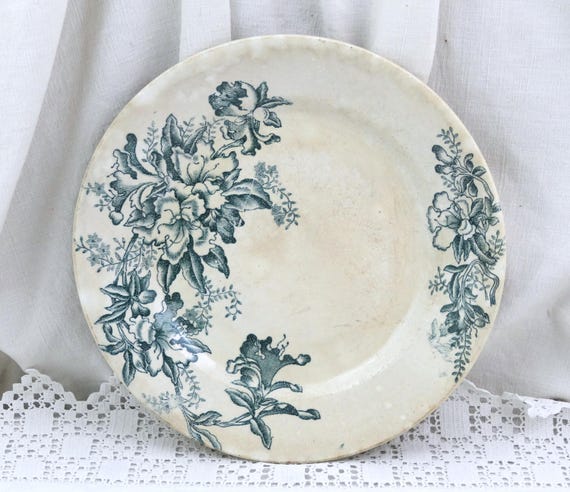 French Antique Terre de Fer Plate with Irises Flower Teal Pattern  French Blue White Floral Transferware Ironstone Botanical Border