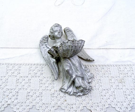 Antique French 19th Century Cast Metal Cherub Wall Mounted Holy Water Font with Silver Patina, Vintage Religious Decor with Angel France