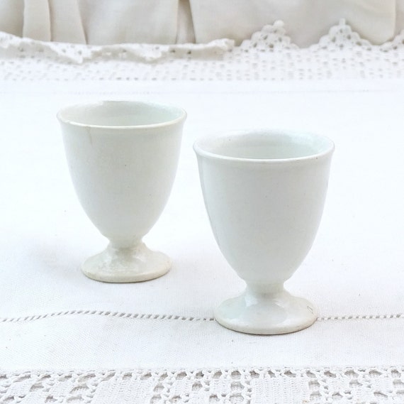 2 Antique French White Pottery Footed  Egg Cups, Matching Pair Vintage Eggcup from France, Retro Country Farmhouse Breakfast Table Crockery