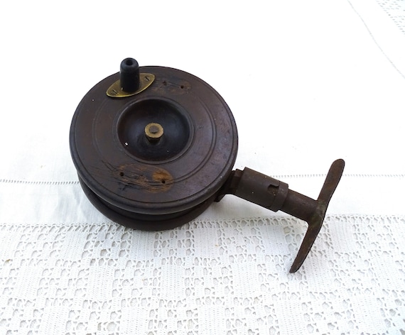 Antique French Large Wooden Fishing Reel With Metal Mount, Vintage Fishing Line Accessory from France, Old Victorian Seaman Gear made Wood
