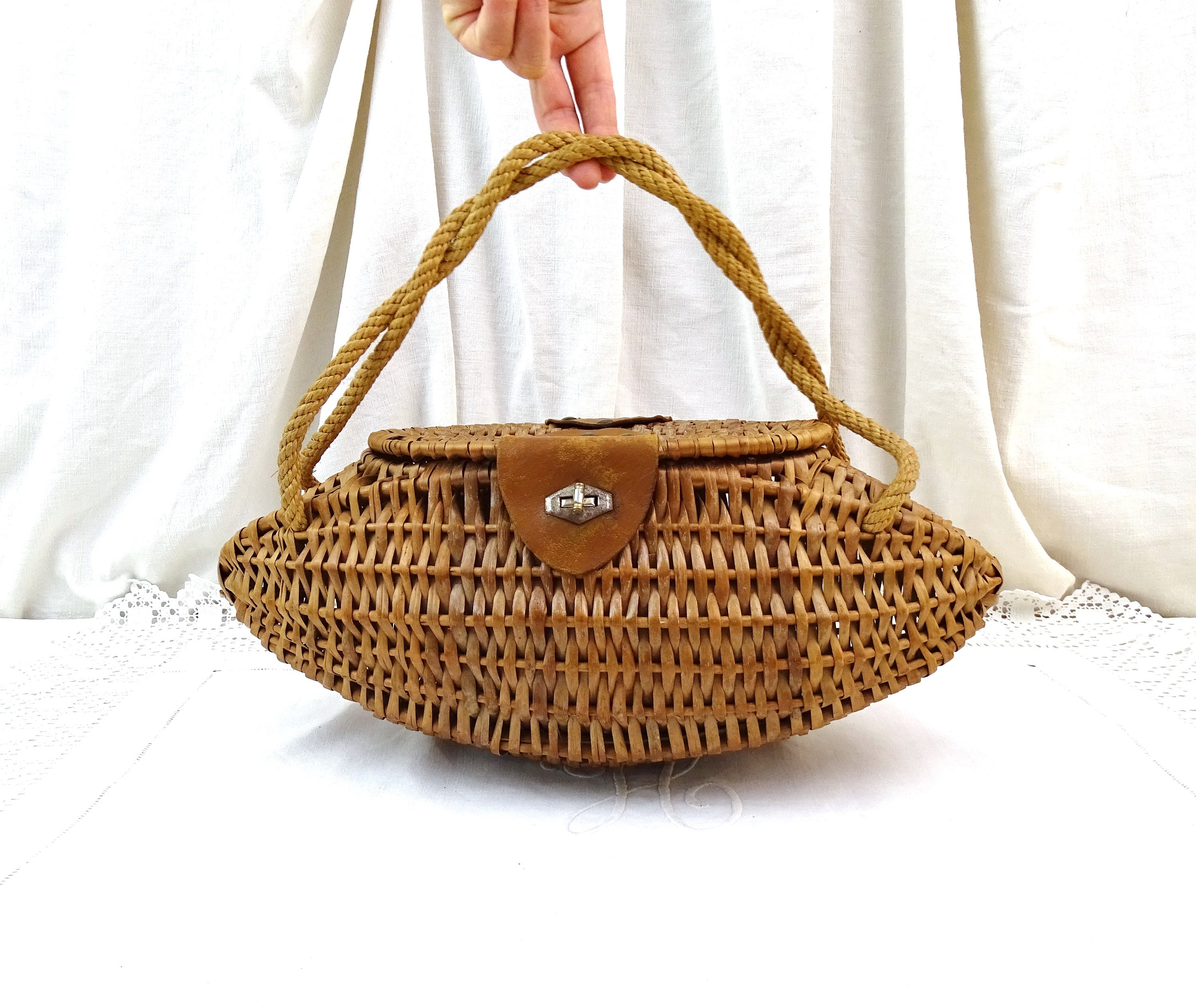 Antique French Oval Shaped Woven Wicker Fish Basket with Rope