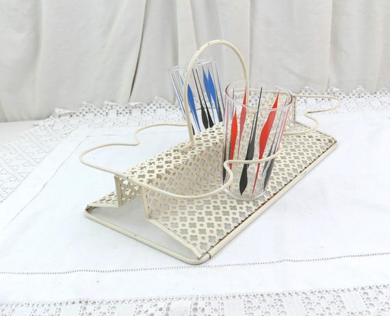 Vintage French Mid Century Mathieu Matégot Glass Holder in Off White Cloverleaf Perforated Metal, Retro 1950s Designer Barware from France