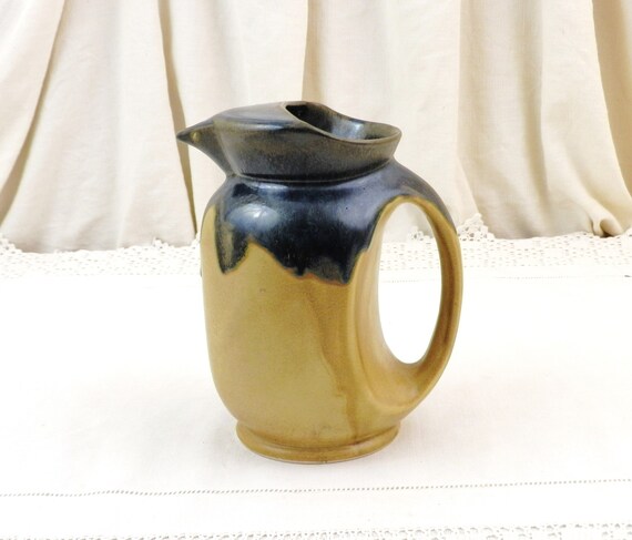 French Vintage Ceramic Art Deco Water Pitcher with Dark Blue Glaze, Retro 1930s Pottery Jug from France, Collectible Ceramics Europe