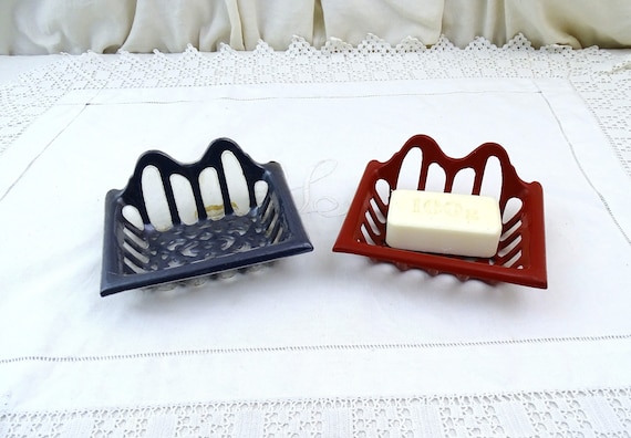 1 Vintage French Unused Enameled Cast Iron in Red or Blue, Retro Old Reproduction Free Standing or Wall Mounted Bathroom Soap Bar Holder