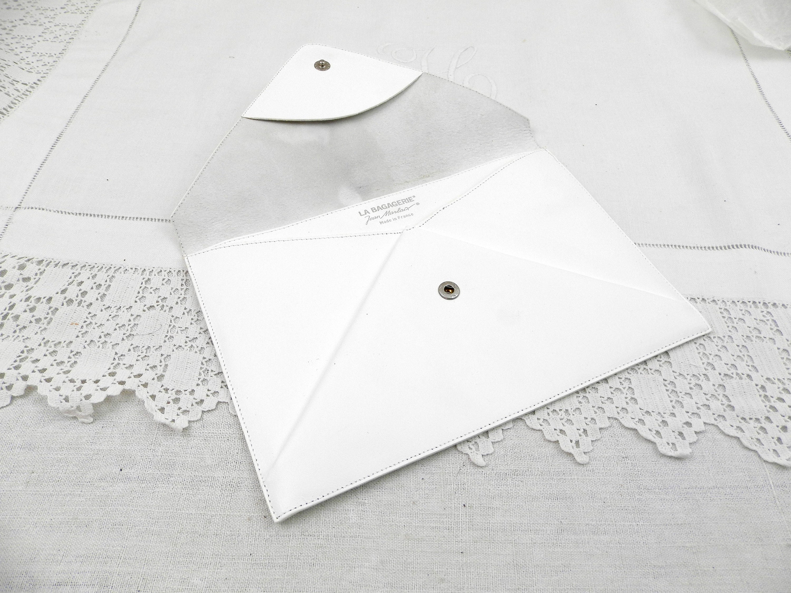 Vintage French 1980s White Leather Envelope Clutch by La Bagagerie