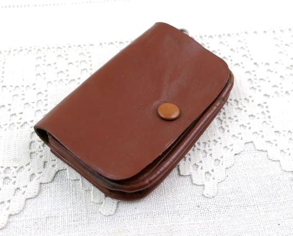 Small Antique French Leather Wallet with 5 Compartments, Vintage Old Style Pocket Cash Purse made of Brown Leather, Retro Money Holder