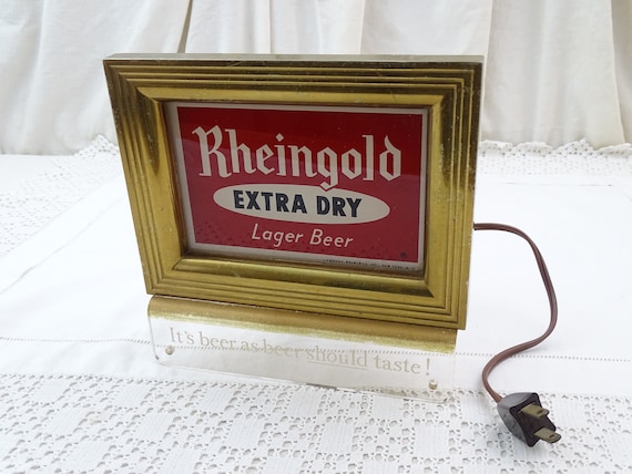 Vintage Mid Century Rheingold EXTRA DRY Lager Beer Cash Electrified Lighted Glass Sign from USA, Retro 1950s Barware Advertising Red Gold