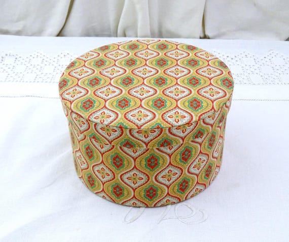 Vintage French Round Provencal Fabric Covered Box in Yellow and Red with Green, Retro 1950s -1960s Simple Sewing Box with Material Cover