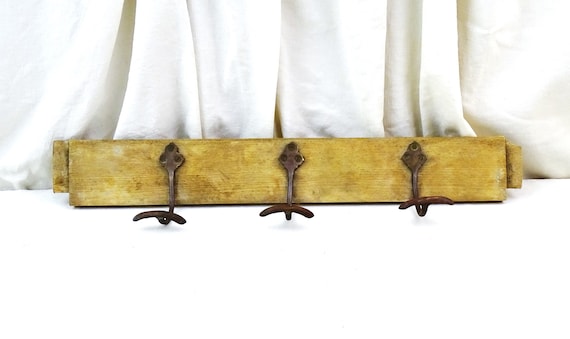 Antique French Wall Mounted Coat Rack With 3 Brass Hooks, Vintage