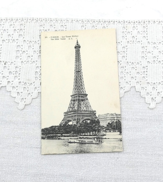 French Vintage Black and White Postcard of the Eiffel Tower in Paris and River Seine,  Retro Picture of Parisian Monument