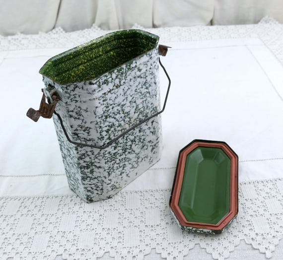 Vintage French Tall Splatterware Enamelware Lunch Box in Green and White,  Box, Old Style Country Cottage Enamel Storage Container