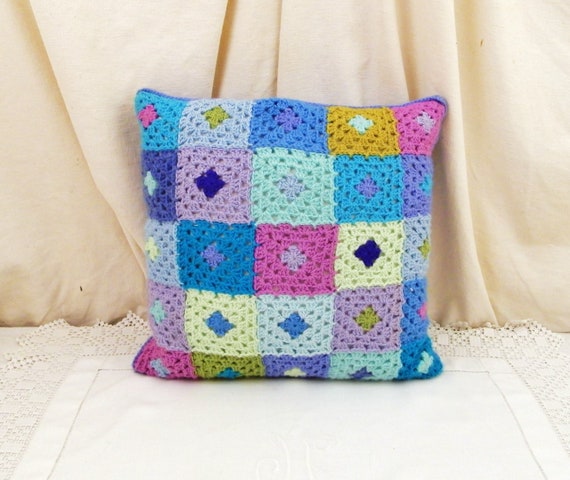 Vintage 1980s Square Crochet Cushion Cover with Down Feather Filled Inner in Blues and Purples, Retro 80s Woolen Crocheted Decorative Pillow