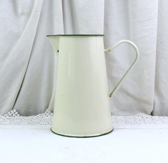 Small Vintage 1940s Beige and Green Enamelware Metal Pitcher, Retro Enamel Jug Farmhouse Cottagecore Kitchen Decor, 1930s Washroom Vessel