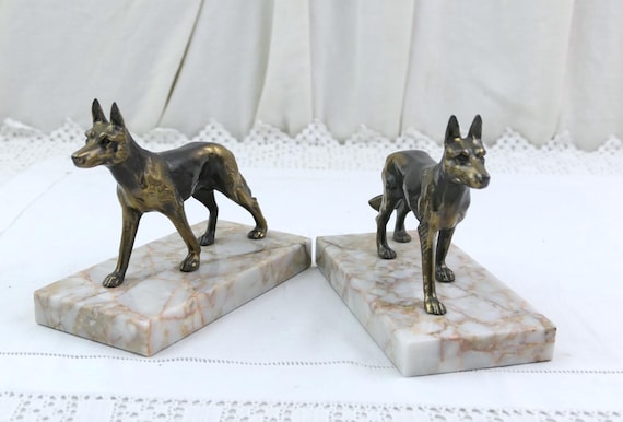 Vintage French Art Deco Bookends German Shepard Dogs on Veined Marble, Retro Library 1930 Alsatians Animal Book End Accessory France