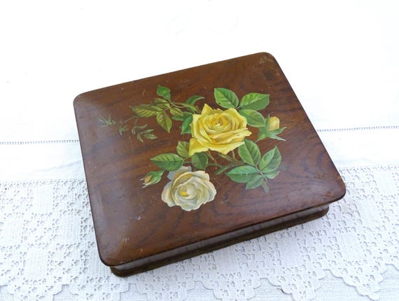 Vintage French Rectangular Wooden Jewelry Box with Rose Pattern on Lid, Retro Boho Container from France with Decoupage Flower Decoration