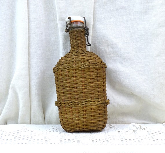 Antique French Woven Wicker Covered Glass Bottle with Ceramic Stopper, Vintage Rustic Primitive Camping Accessory from France, Water Bottle