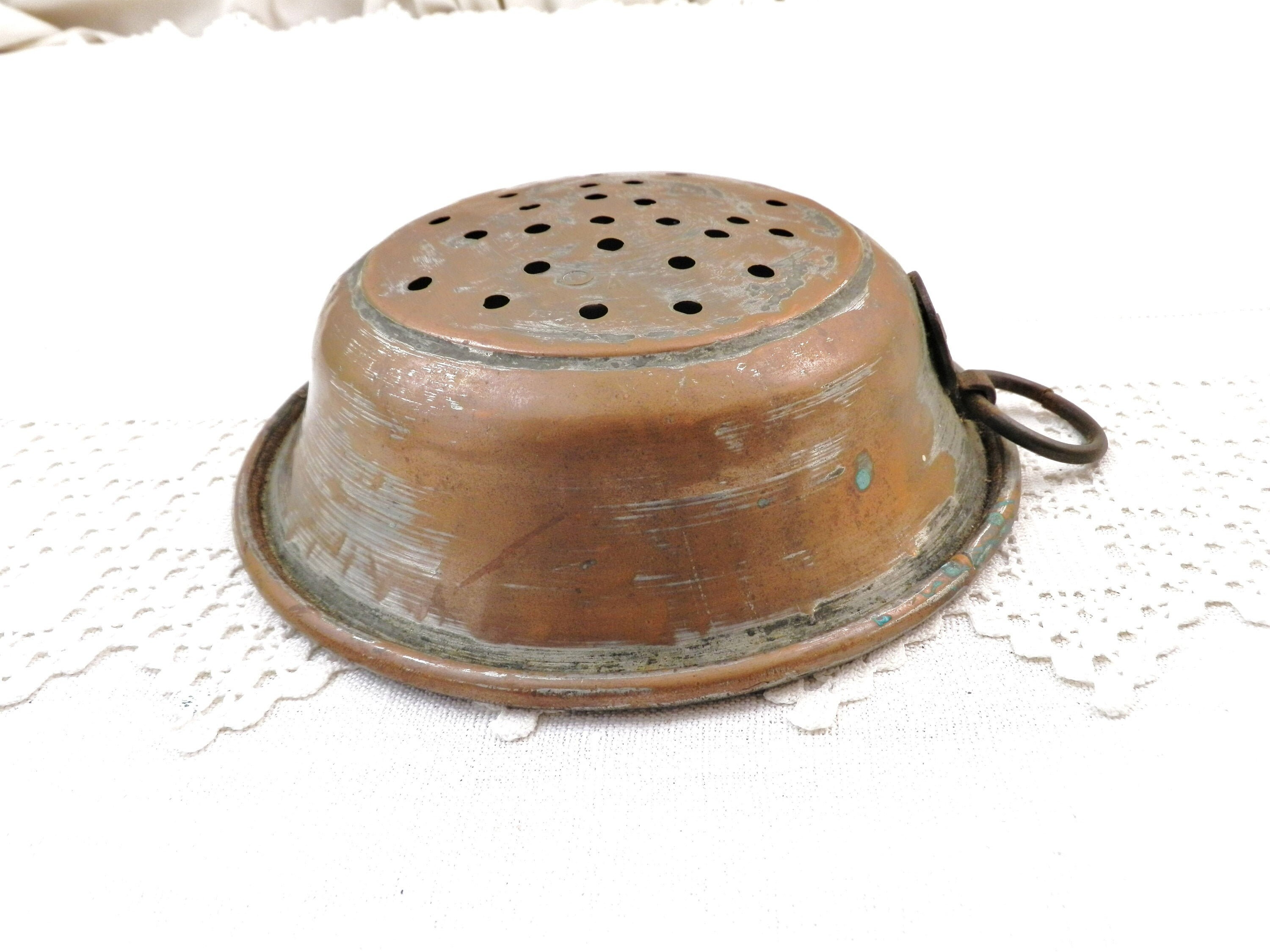Antique 19th Century French Copper Strainer Bowl with Hanging Loop