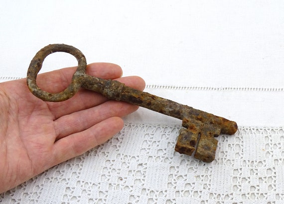 Large Antique French Handmade Rusty Iron Skeleton Key, Vintage Victorian Metal Lock Accessory from France, Flea Market Brocante Home Decor