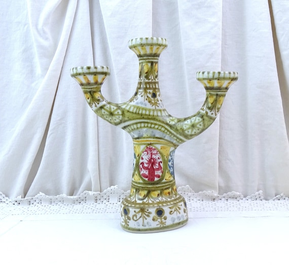 Vintage French Mid Century Keraluc Pottery 3 Branch Candle Stick Holder with Hand Painted Geometric Pattern, 1960 Ceramic Breton Candelabra