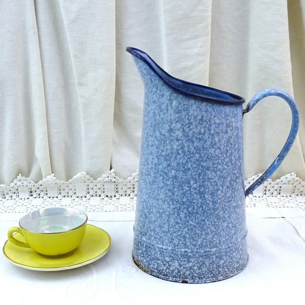 Vintage French White and Blue Granitware Chippy Metal Enamelware Water Pitcher, Mottled Porcelain Enamel Jug France, Farmhouse Kitchen Decor