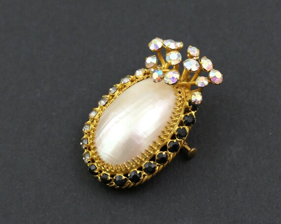 Vintage 1960 Countess Cissy Zoltowska Mother of Pearl and Rhinestone Crystal Brooch, Retro MCM Designer Costume Jewelry, Haute Couture Paris