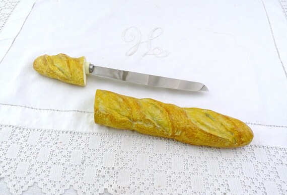 Vintage French Novelty Bread Knife Shaped as a Baguette with Stainless Steel Blade, Retro Fun Fake Flute Bun Carving Knife from France