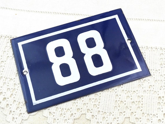 Vintage French Porcelain Enameled Metal House Sign in Blue and White Number 88, Enamelware Street Home from France, Traditional Address Sign