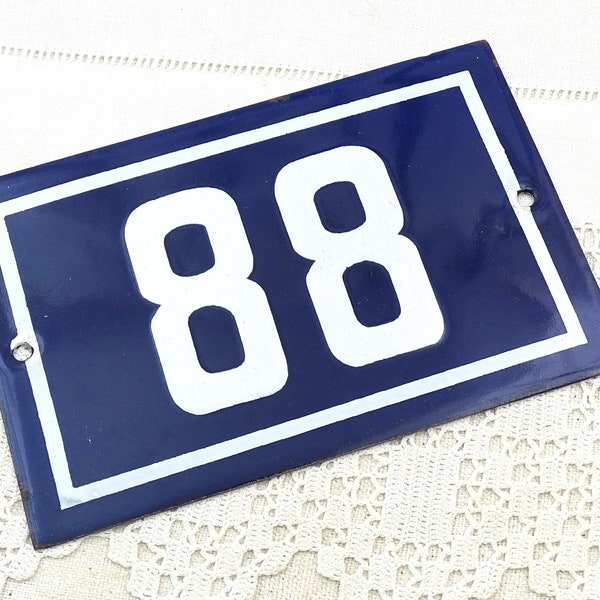 Vintage French Porcelain Enameled Metal House Sign in Blue and White Number 88, Enamelware Street Home from France, Traditional Address Sign