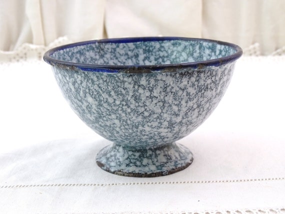 Antique French Blue Gray Graniteware Enamel Footed Coffee Bowl, Vintage Farmhouse Enameled Metal Breakfast Cafe au Lait Bowl from France