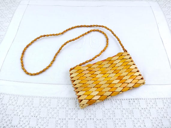 Vintage Wooden Bead Handbag 1960s 70s, Woven Mosaic Diamond Pattern Purse, Shoulder Bag with Long Beaded Strap, Retro French Accessory